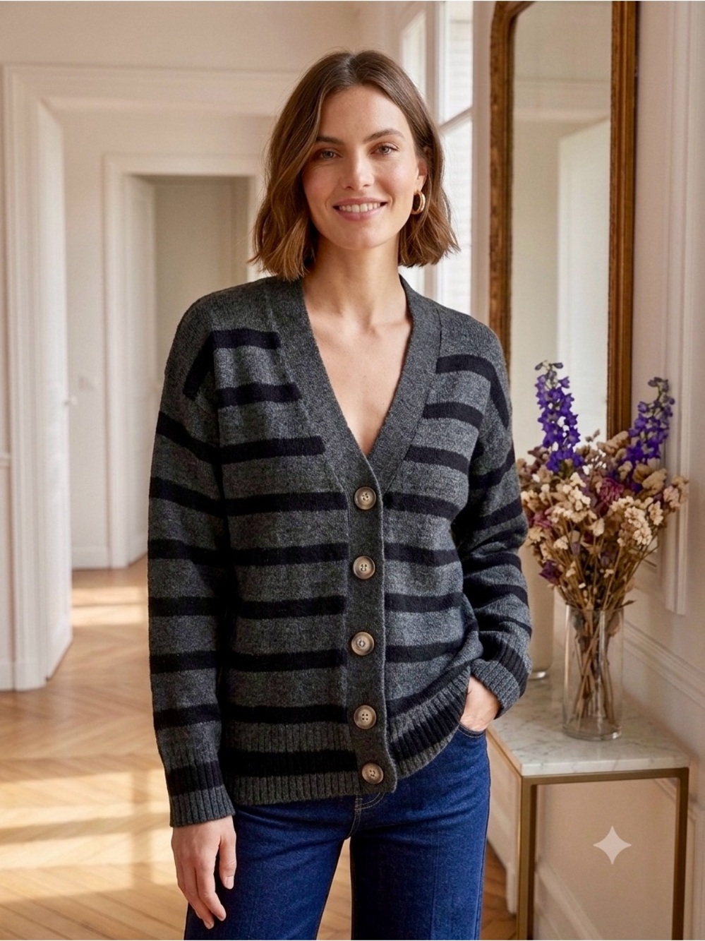 Brave Soul Gray and Black Striped Button Cardigan